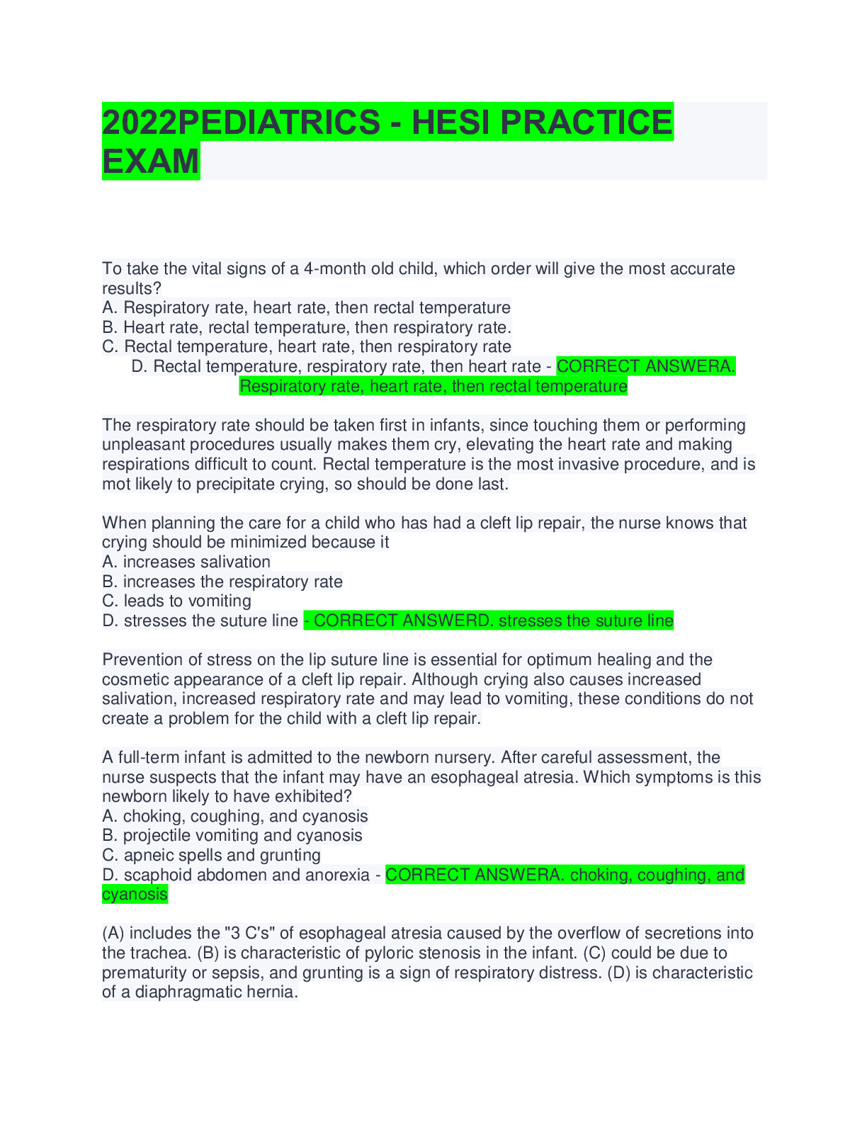 Preview image of 2022PEDIATRICS - HESI PRACTICE EXAM document